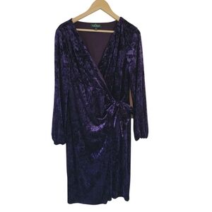 Lauren Ralph Lauren Lavender Surplice Velvet Dress 14 Side Tie Old Money Luxury